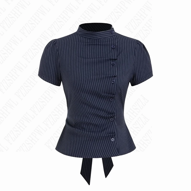 Fashionable American retro y2k millennium design sense, button, bow, tie, striped T-shirt, short-sleeved top for women in summer