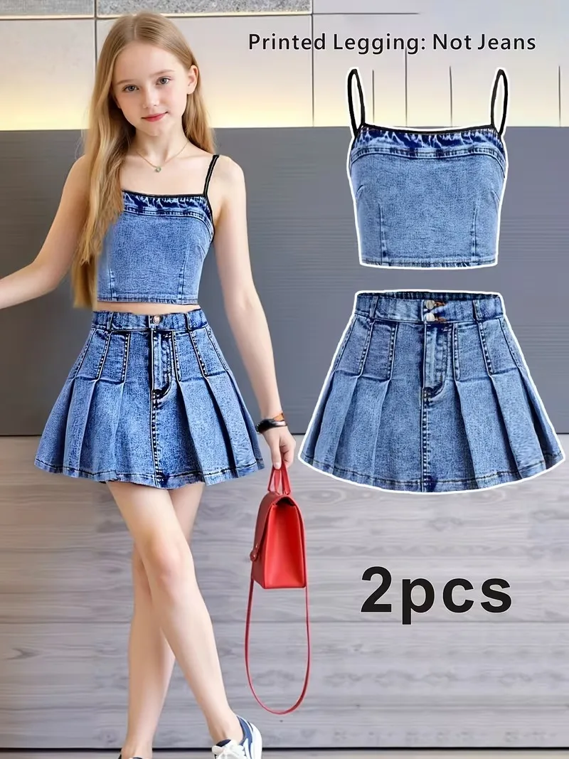 Fashionable Summer Two-Piece Set for Girls: Denim Tank Top and High-Waisted Pleated Skirt (Faux Denim Print)
