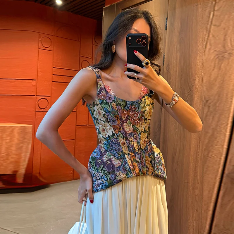 Floral Printed Waist Cinched Women's Corset Chic Sleeveless Backless Zipper Slim Tank Top 2026 Summer Fashion Elegant Lady Tops