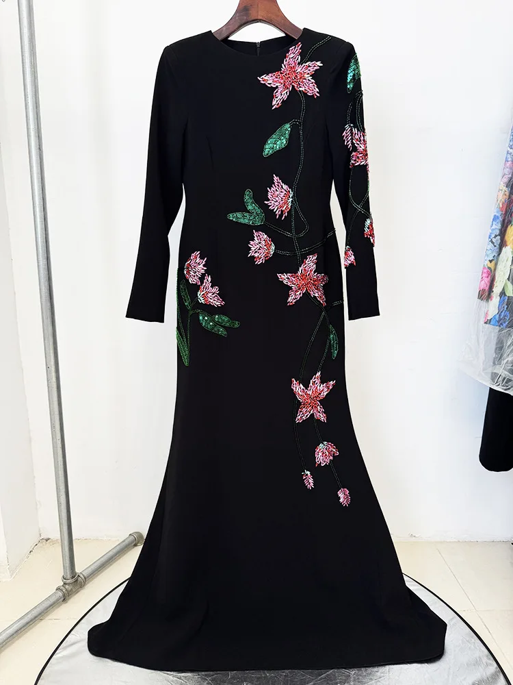 HIGH STREET Newest Fashion 2026 Designer Party Vestido Women's Flowers Diamonds Beaded Slit Sleeve Long Maxi Dress