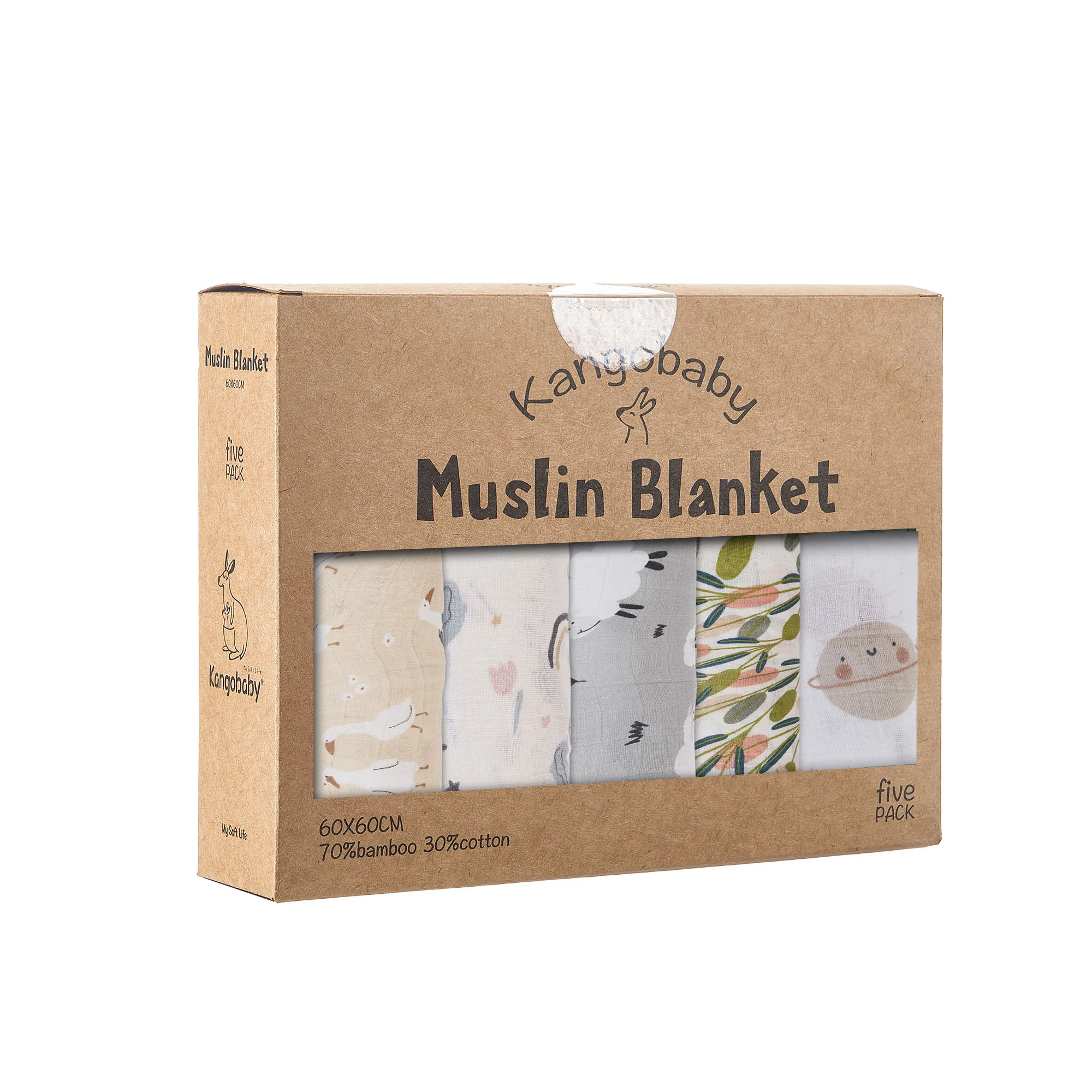 Kangobaby #My Soft Life# 5 Pieces Pack Multi-Functional Bamboo Cotton Muslin Blanket Baby Burp Cloth Set