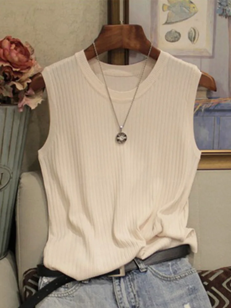 Knitted Vests Women Top O-neck Solid Tank Fashion Female Sleeveless Casual Thin Tops 2023 Summer Knit Woman Shirt Gilet Femme