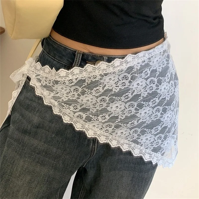 Korean Fashion Lace Irregular Skirt Curtain White Flowers Lace Mesh Halfbody Skirt Women Summer Bottoms Jeans Decorative Hemline