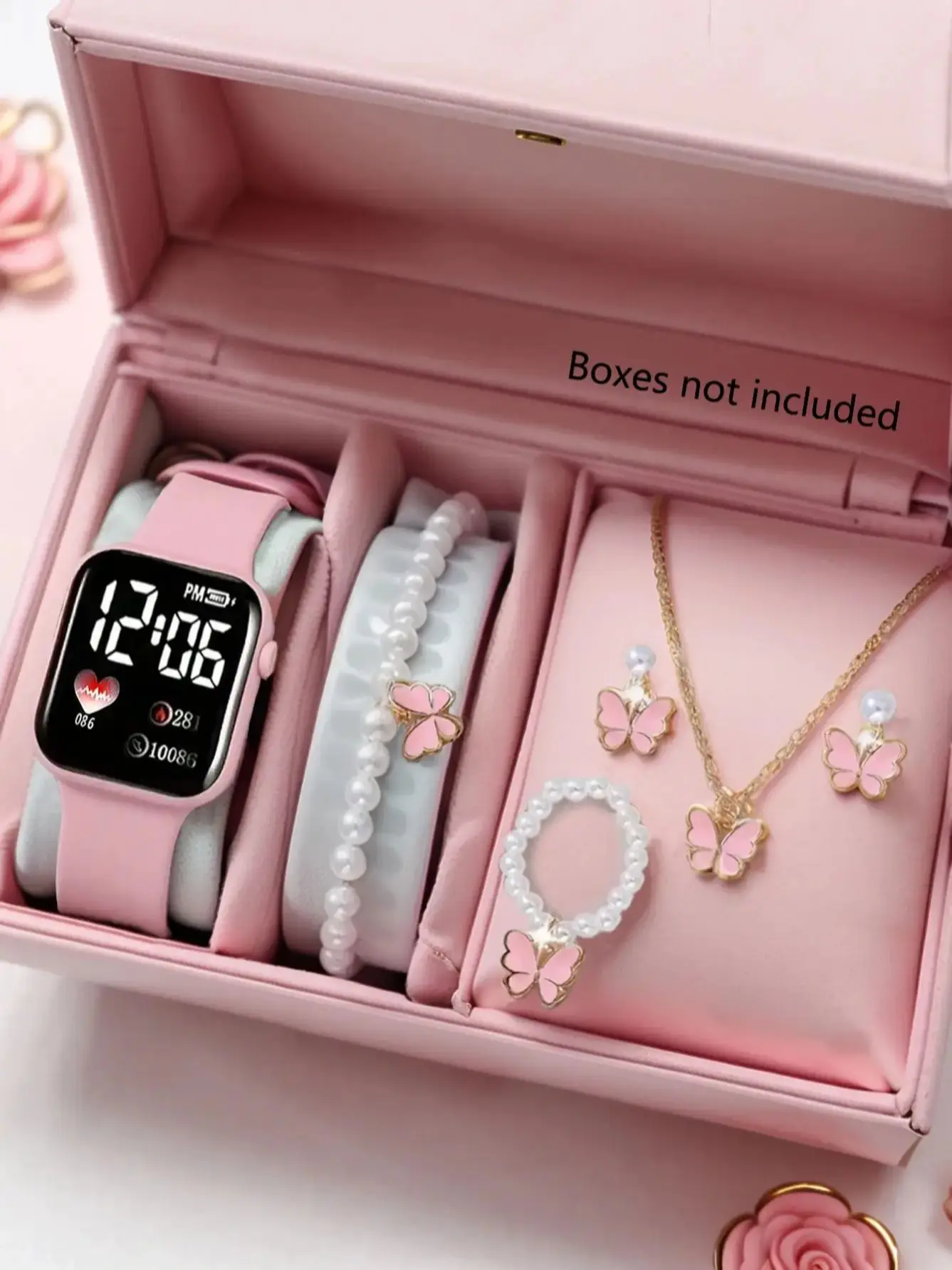 Love Pattern Electronic Watch And Butterfly Accessories Set Birthday Gift (No Box Included)