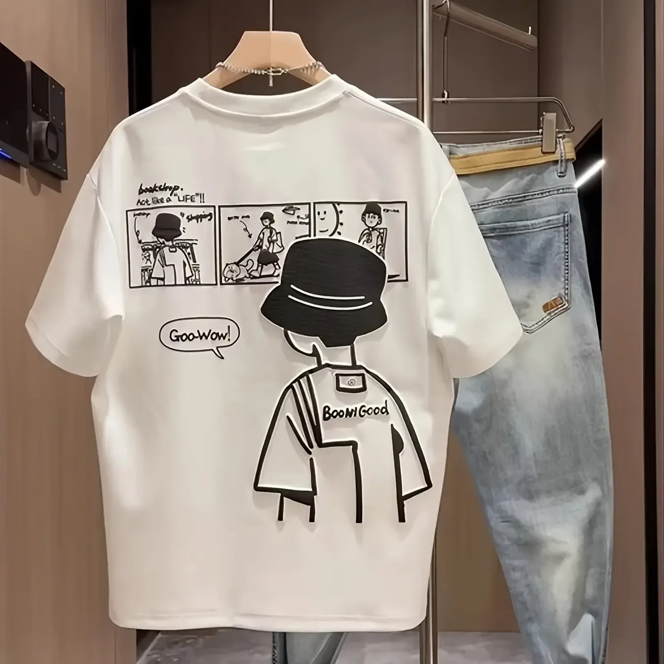 Men's 100% Cotton Casual Comfortable Short-Sleeve T-Shirt Trendy Street Style Summer Printed Pattern T-Shirt Couple Top