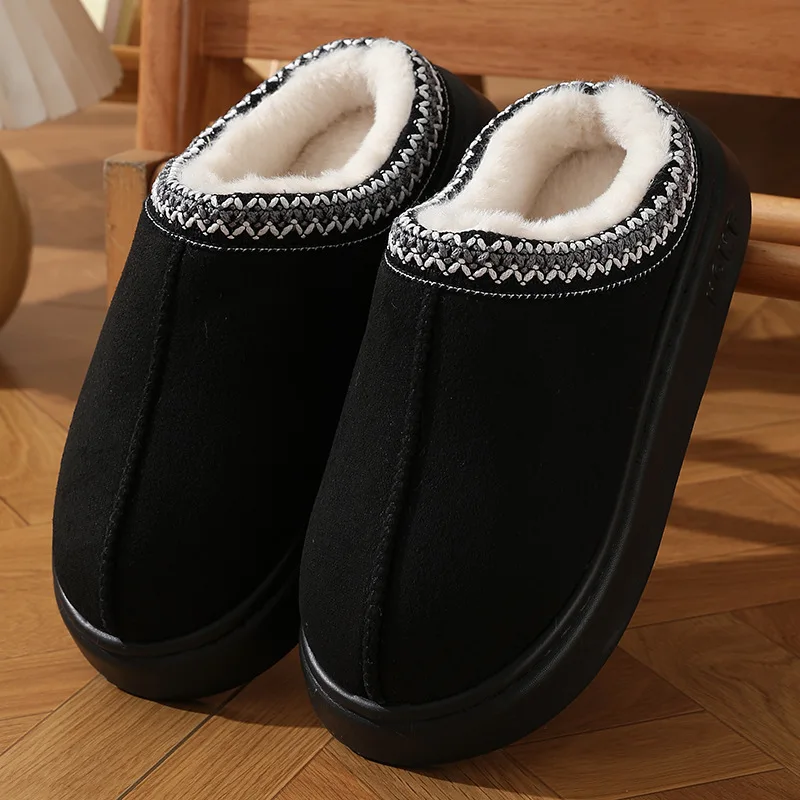 Men's High-End New Solid Color Faux Suede Patchwork Couple's Home Slippers, Thick-Soled, Non-Slip, Lightweight, Warm Cotton Slippers for Women