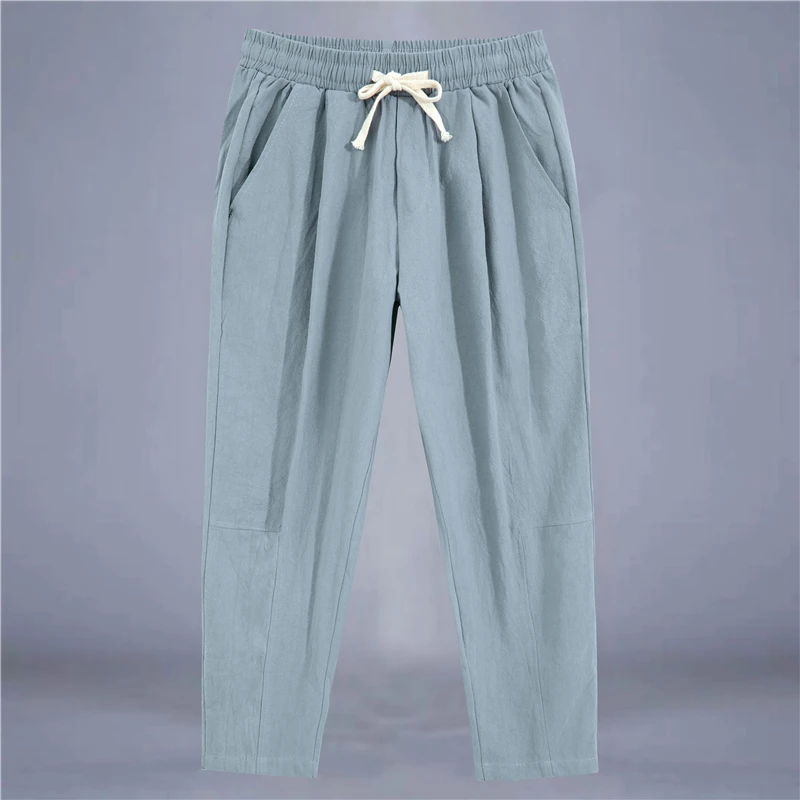 Men's Trousers Cotton Linen Fashion Casual Pants Solid Color Breathable Loose Shorts Straight Drawstring Pants Streetwear Men