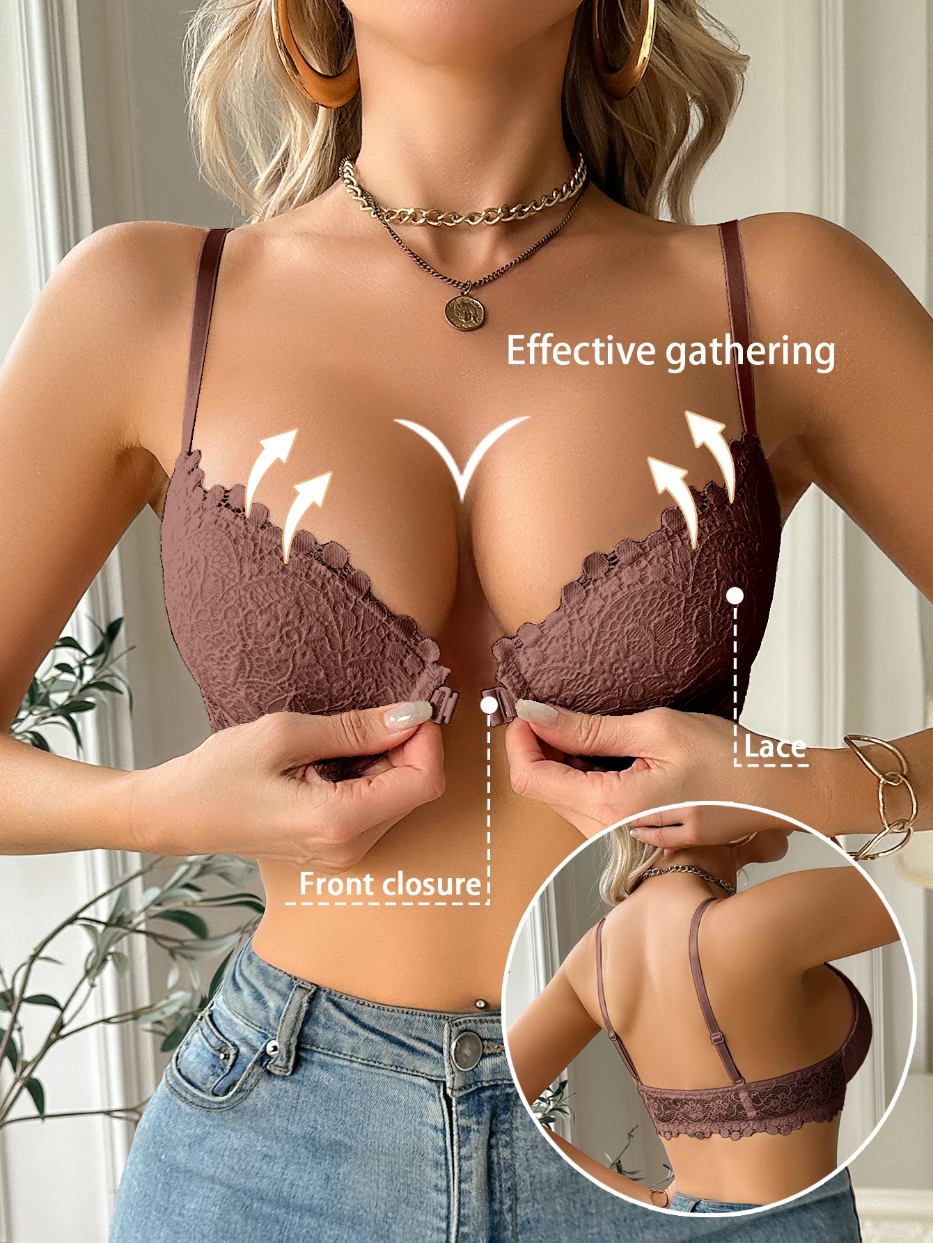 Modern Women's Lace Bra, Sexy Front-Clasp Push-Up Bra, Non-Padded, Breathable, Comfortable, Elegant, Sexy Lingerie Top