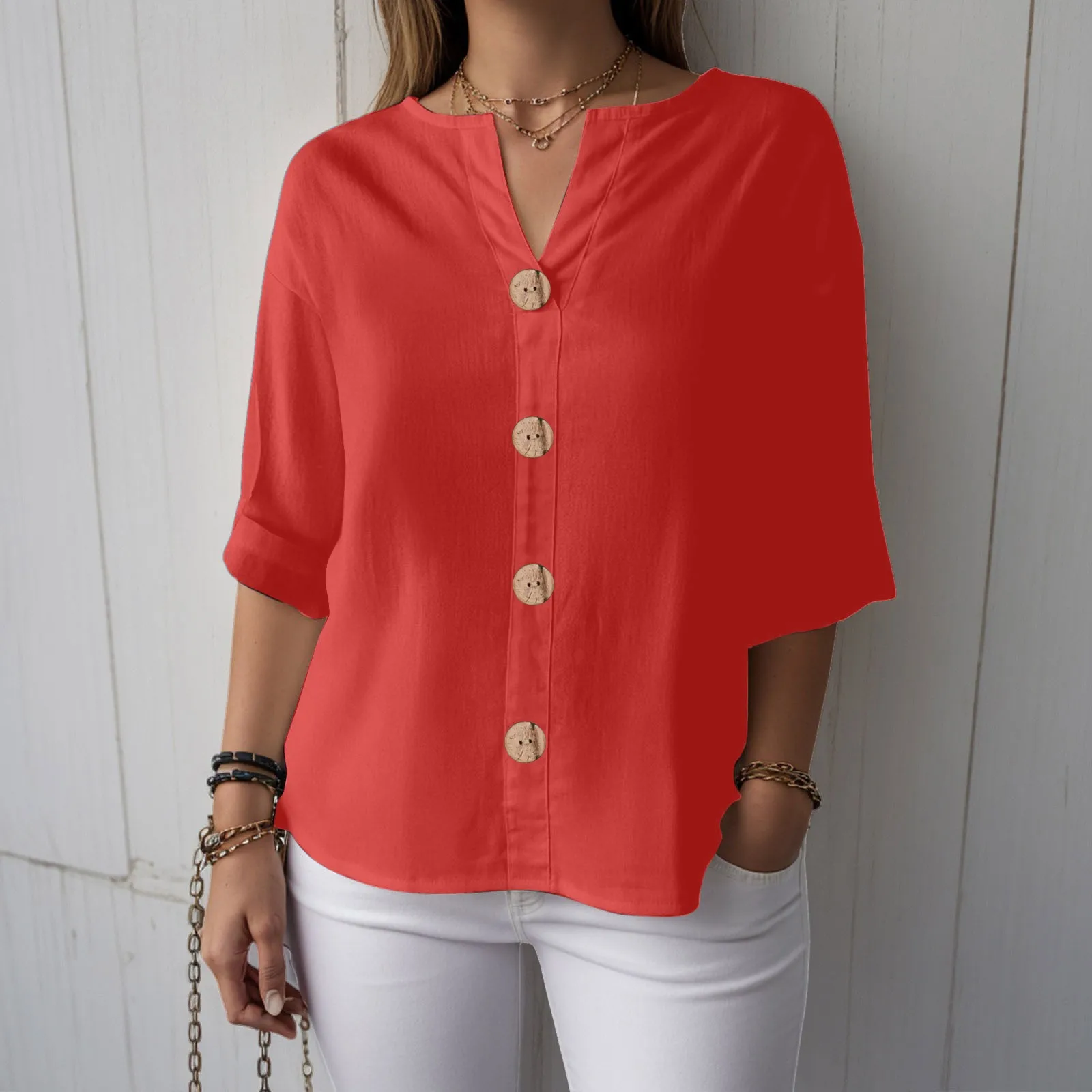 Muslin Blouse Women Summer Cotton Linen Blouse Elegant Plain Long Shirt Teenager Girls T Shirt Women 3/4 Sleeve Shirts & Blouses