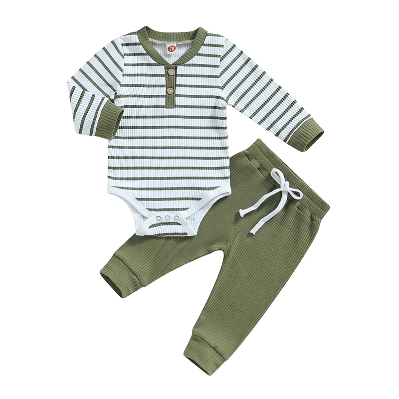 Newborn Baby Boys Girl Fall Winter Clothes Ribbed Knitted Long Sleeve Romper Solid Long Pants Cotton Infant Outfits