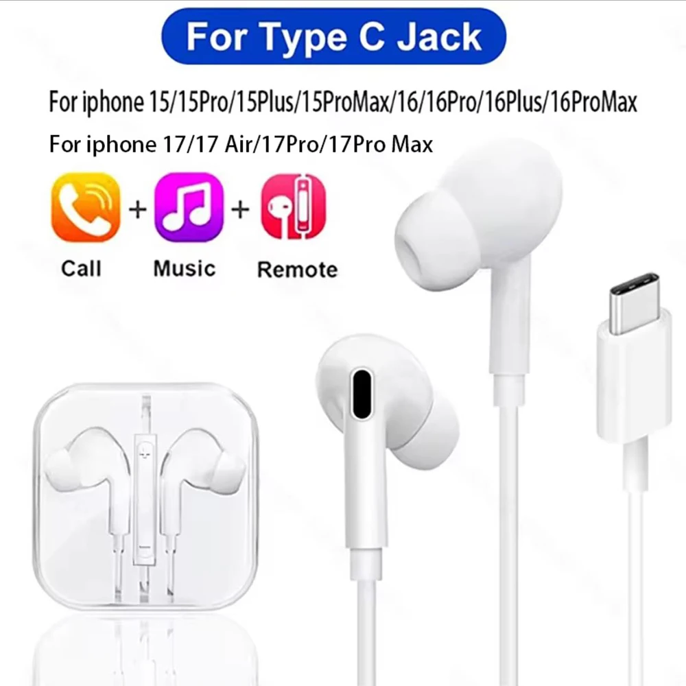 Original Type C Wired Earbuds Headphones For iphone 16 15 Plus 14 13 12 11 Pro Max XR X XS 7 8 SE IOS Jack Earphone Accessories