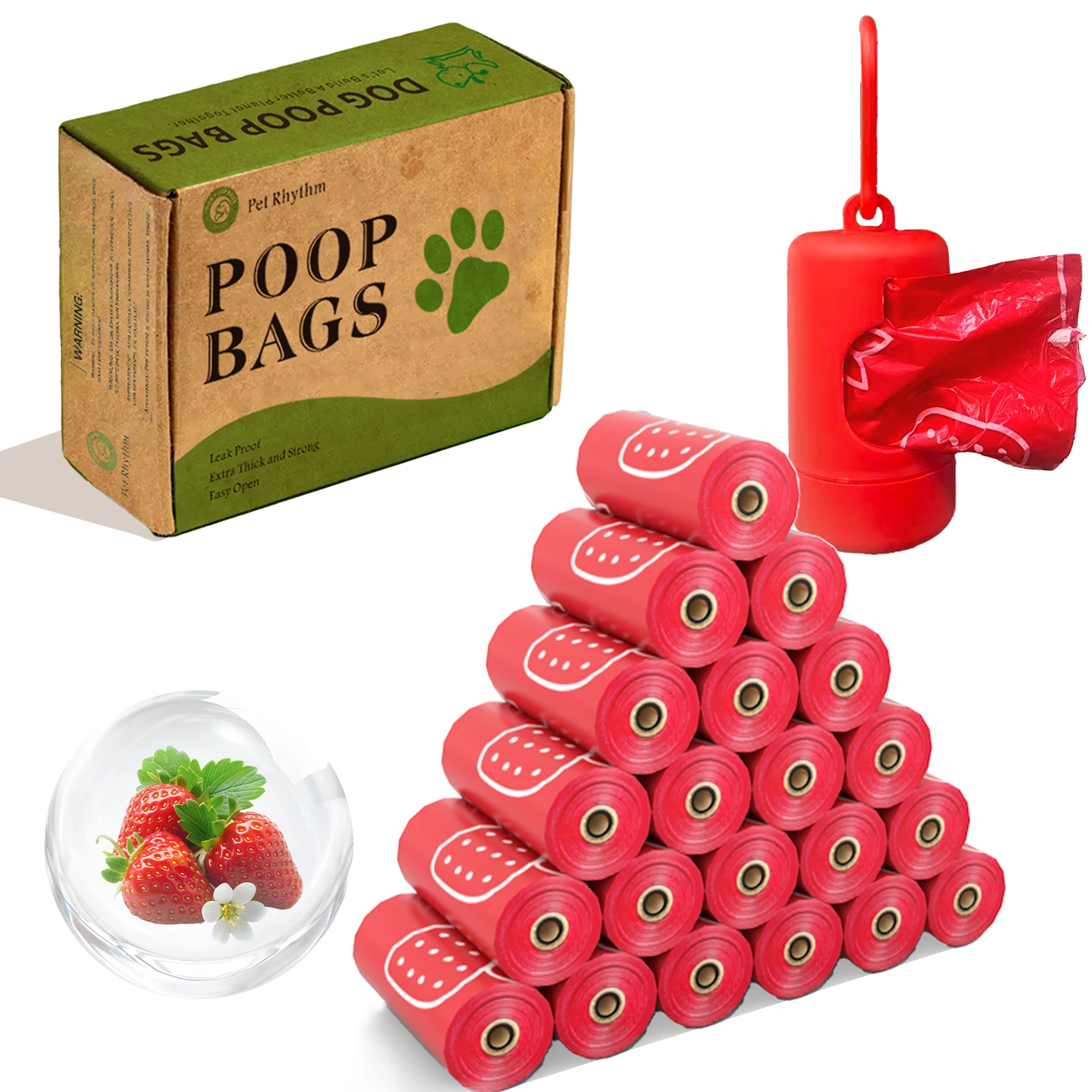 Photodegradable Red Dog Poop Bags with Strawberry Fragrance and Thickened Pet Feces Garbage Bags with Dispenser
