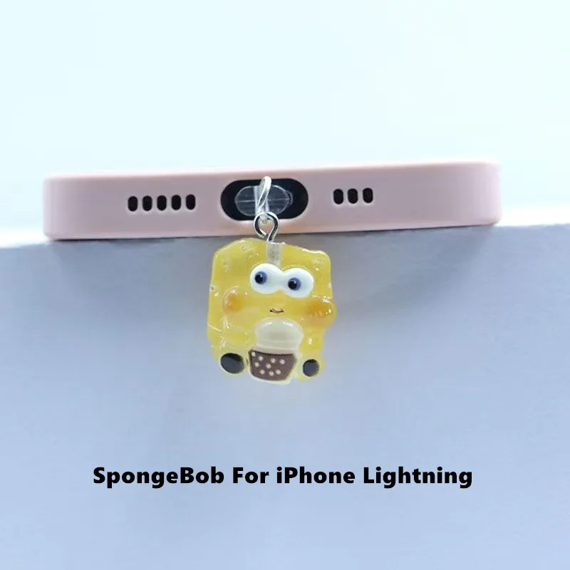 Potdemiel Cartoon SpongeBob Phone Dust Plug Pendant for IPhone Lightning Samsung Xiaomi Type-C Android Charge Port Dustplugs