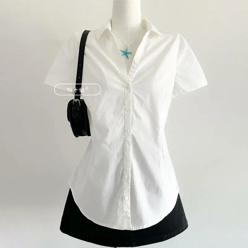 Preppy Style Fashion Turn Sown Collar V Neck Short Sleeve Blouse All Match Harajuku Simple Slim Fit Clothes Y2k Buttoms Tops