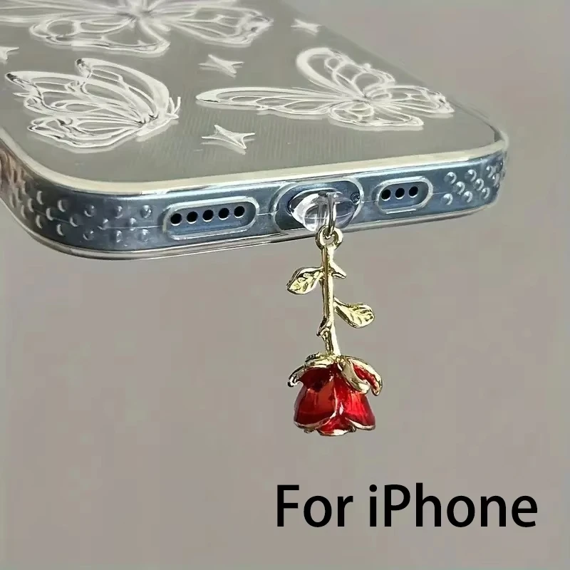Red Rose Dustproof Plug Accessories for Mobile Phones, Phone Decorative Pendants, Suitable for Iphone, Suitable for Samsung Type