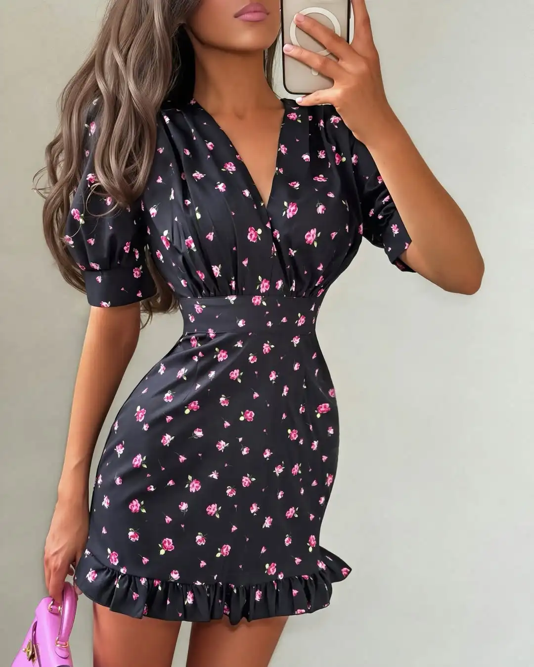 Sexy Flora Painted Ruffle Slim Dress Women Chic Full Sleeves Deep V-neck A-line Short Dresses 2026 Lady Night Club Street Gowns