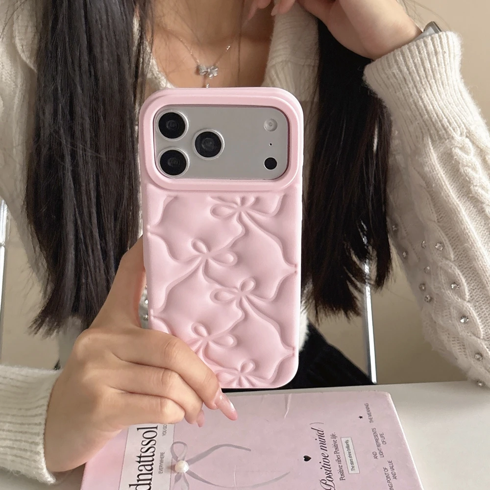Simple Pink Bowknot Silicone Soft Phone Case For iPhone 17 13 14 15 16 Pro Max