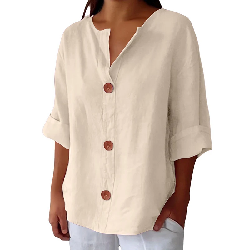Summer Fall Loose Casual Shirts Women's V Neck Cotton Linen Button Top Solid Fashion Elegant Half Sleeve Office Clothing Blouse