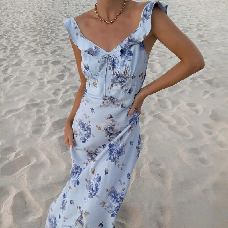Summer Flower Printed Women's Sexy Low-cut Dress Sleeveless Backless Slim Sling Dresses 2025 Beach Vacation Lady Vestidos