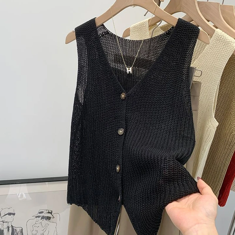 Summer Korean Cotton And Linen Fashion Casual Solid Color Loose V-Neck Vest For Women