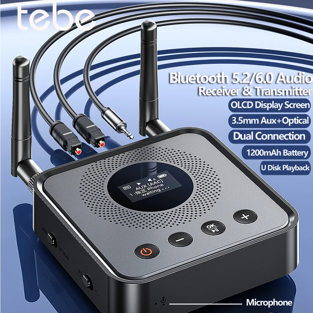 Tebe OLCD Bluetooth 6.0/5.2 Audio Receiver Transmitter AAC AptX-LL/AD/HD 3.5mm Aux Optical Wireless Stereo Music U Disk Player