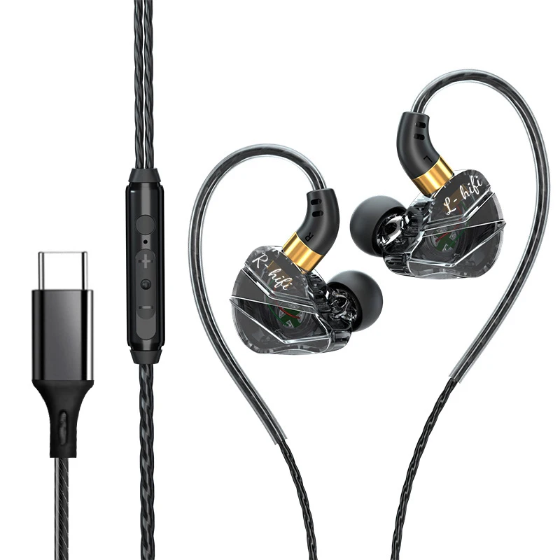 Type-C Wired Headphones In-Ear Sports Heavy Bass Gaming Earphones With Mic Volume Adjustment Call Line Control Cellphones Earbud