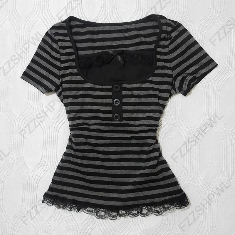 Vintage Slim Lace T-shirt Solid Color Casual Pattern Commuter High Street Fashion Y2K Cropped Top Trash Punk hop Women's T-shirt