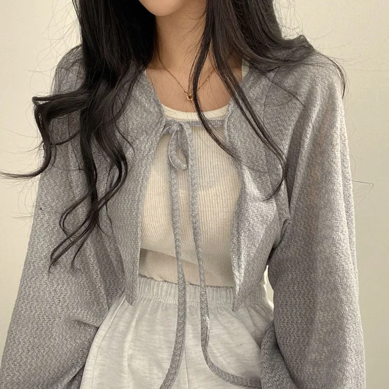 White Knitted Cardigan for Women Summer Thin Sunscreen Lace-Up Knitwear Tops Female Fashion Korean Lantern Sleeve Short Coat