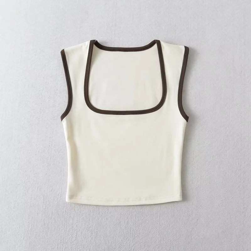 Woman Fashion Slim Solid Contrust Camis Casual Sleeveless Tanks Square Collar Crop Tops Clothing Streetwear Mujer 2024 Y2k