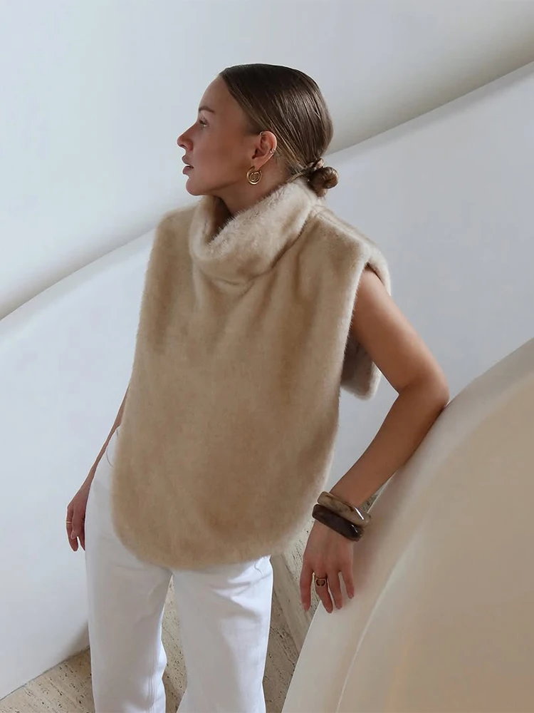 Women Casual Faux Fur Vest Chic Solid High Collar Sleeveless Loose Waist Coat Lady Fashion Daily 2025 New High Street Vests