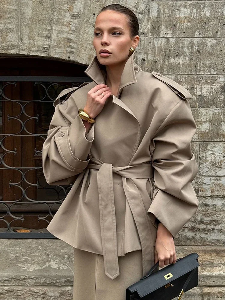 Women Casual Lace Up Long Trench Coat Chic Solid Color Full Sleeve Lapel Windbreaker 2026 Fall New Fashion Loose Commute Jackets