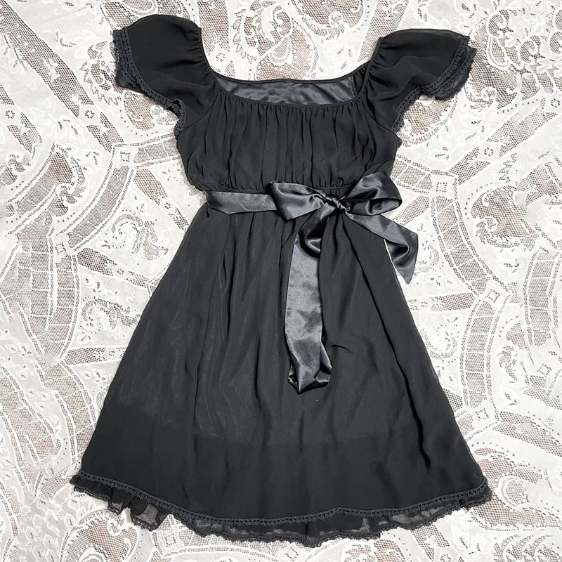 Women Grim Dress Gothica Classic Harajuku Aesthetic Frock Tide Fashion Y2K Clothing Vintage Chic Korean Slim Short-sleeve dress