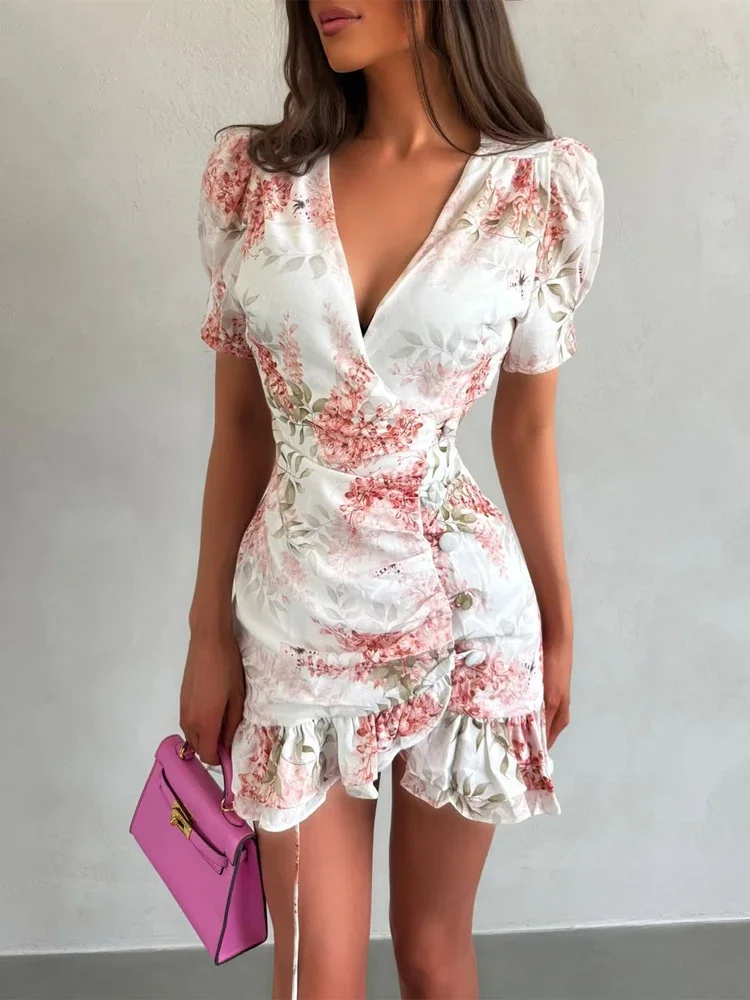 Women Sexy Flora Painted Ruffle Slim Dress Chic Deep V-neck Double Layered Ruffled Hem Dresses Lady New Daily Party Gowns