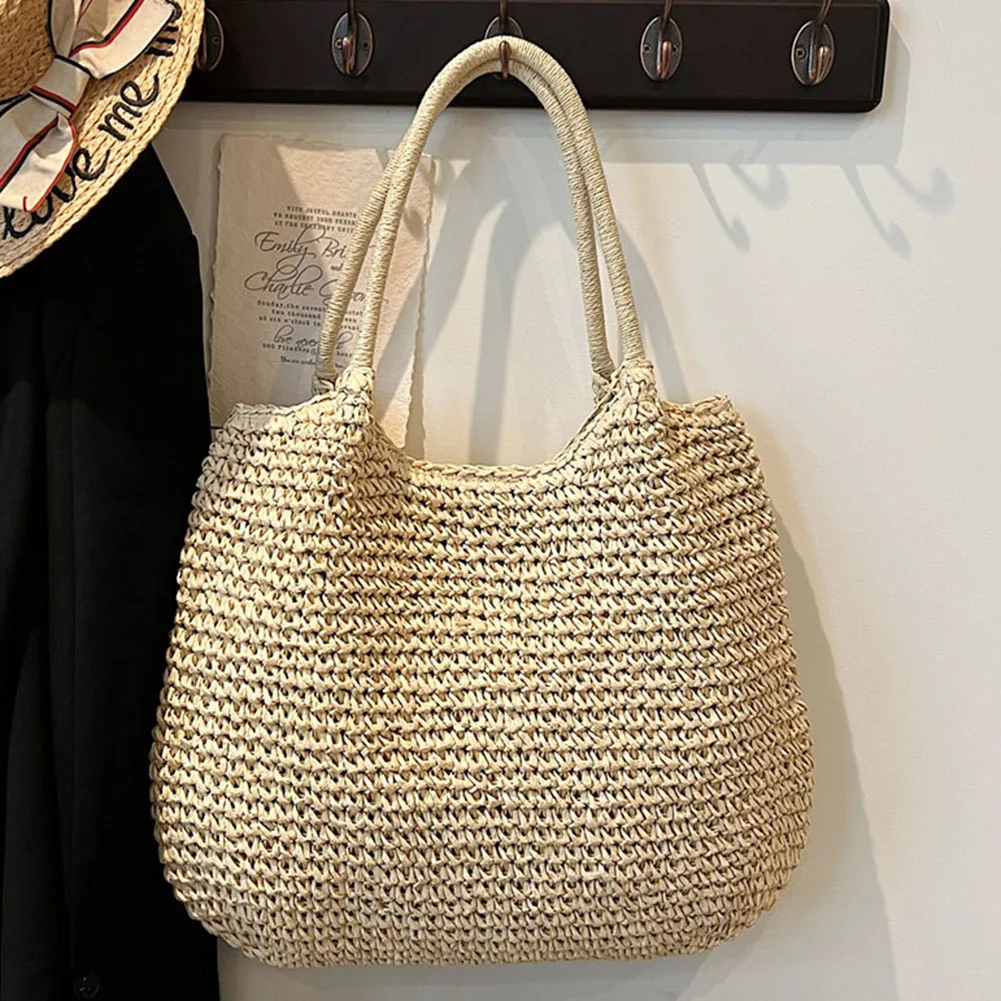 Women Straw Bag Tote Handbag Large Capacity Vintage Shoulder Bag Solid Color Simple Weaving Handbag Ladies Summer Daily Bag