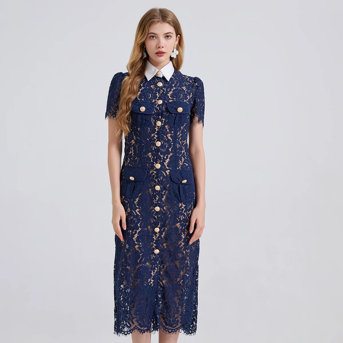 Women's French-Style Elegant Dress - Noble Fashion, Lace with Contrast Collar, Drawstrings, 3D Pockets, Bodycon Fit 2025 Summer