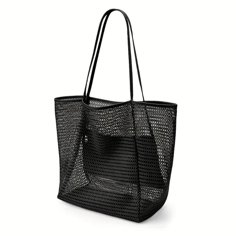 Women's Large Capacity Beach Tote Bag - Durable Polyester Woven Shoulder Bag with Open Top for Travel, Shopping