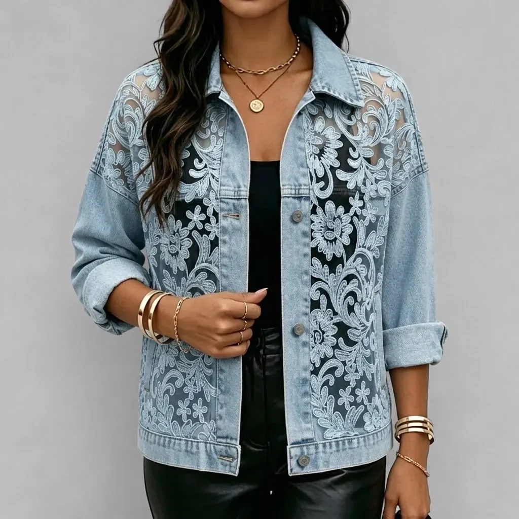 Women's See-Through Lace Patchwork Denim Jacket Casual Loose Button Up Jean Coat Trendy Long Sleeve Streetwear Outerwear Coat