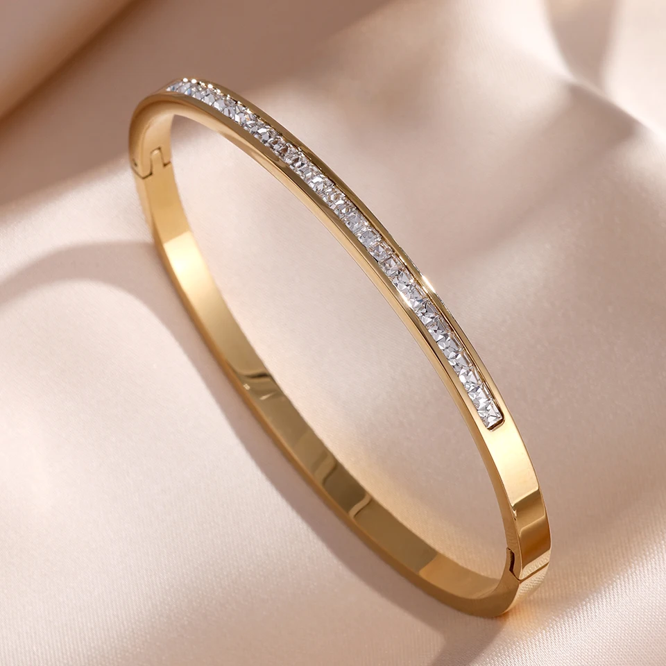 ZAKOL 5/1pcs Sparkling Zirconia Inlaid Stainless Steel Bracelet Set for Women Stackable Bangles Fashion Non Fading Jewelry Gift